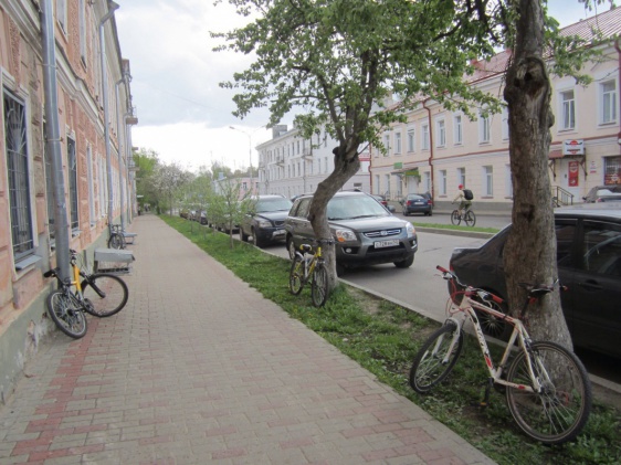 Из-за отсутствия велопарковок новгородцы пристёгивают велосипеды к деревьям и водосточным трубам