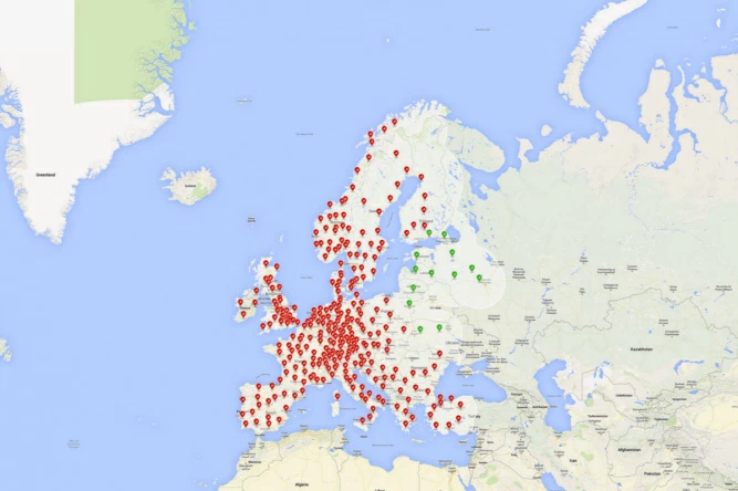 Карта зарядных станций «Supercharger» с официального сайта Tesla Motors. 