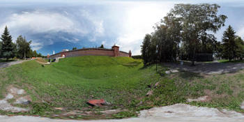 Западные ворота (Воскресенская арка) Новгородского кремля. Митрополичья, Покровская башни и башня Кокуй.